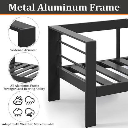 Kiss the Water 2 PCS Aluminum Outdoor Patio Sofa Set, All Weather Rust-Proof Metal Patio Couch, Modern Outdoor Furniture for Backyard Porch Garden, 5" Thick Waterproof Olefin Cushions, Light Grey
