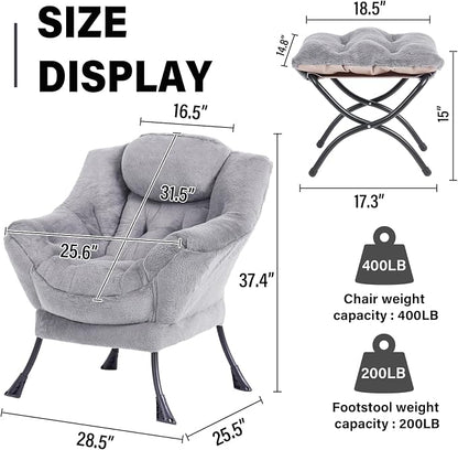 Lazy Chair with Ottoman, Modern Accent Lounge Leisure Sofa with Armrests, Reading Chair and Folding Footstool for Living Room, Bedroom, Office, Plush Grey