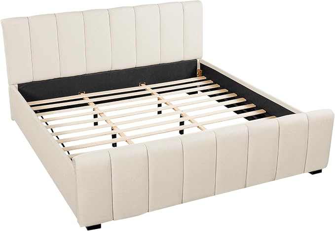 Merax California King Upholstered Panel Bed with Curved Headboard, Beige | Thick Linen Headboard and Footboard with Solid Rubberwood Legs for a Refined Bedroom Look