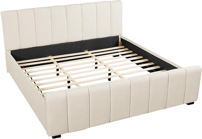 Merax California King Upholstered Panel Bed with Curved Headboard, Beige | Thick Linen Headboard and Footboard with Solid Rubberwood Legs for a Refined Bedroom Look