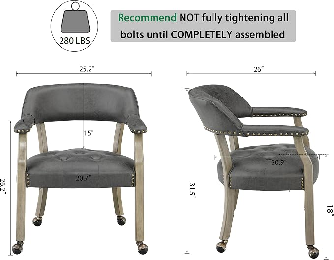 LEEMTORIG Dining Chairs with Casters and Arms, Upholstered Rolling Dining Chairs with Wheels for Elderly, Ergonomic Wide Seat Wooden Office Chairs, 26" Dx25.2 W, Grey Legs&Dark Grey Fabric SY-1318-GY