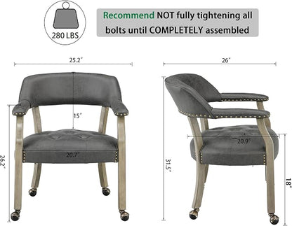 LEEMTORIG Dining Chairs with Casters and Arms, Upholstered Rolling Dining Chairs with Wheels for Elderly, Ergonomic Wide Seat Wooden Office Chairs, 26" Dx25.2 W, Grey Legs&Dark Grey Fabric SY-1318-GY