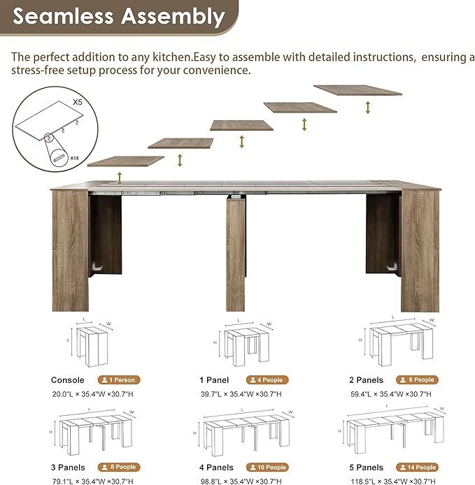 20"-118" Extendable Dining Table for 2-12 People, Modern Modular Extension Table, Space-Saving Extra Long Folding Dining Table, Multifunctional Conference Meeting Table, Oak