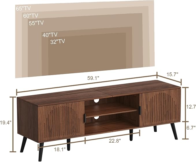 ChooChoo TV Stand for Living Room, Mid Century Modern TV Stand for 65 Inch TVs, Entertainment Center with Storage Cabinet and Open Shelves, TV Console Table Media Cabinet for Bedroom, Walnut