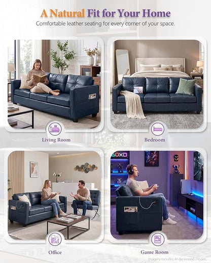 TYBOATLE Faux Leather Couch w/Side Pockets, Mid-Century Modern Tufted Comfy Leather Couches w/USB and Wider Arms, 3 Seater Sofa for Office, Apartment, Bedroom, Blue