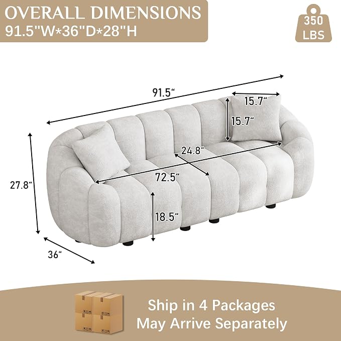 92" Oversized Minimalistic Boucle Sofa for Living Room, Luxury Plush Extra Deep Seat Tufted Sofa, Modern Comfy Curved Cloud Couch, Upholstered 3-Seater Chenille Couches, Beige White