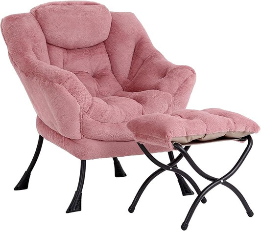 Lazy Chair with Ottoman, Modern Accent Chair Contemporary Sofa Chair with Armrests, Reading Chair and Folding Footstool Set for Living Room, Bedroom, Office