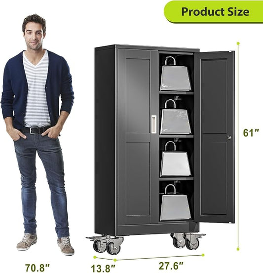 Metal Garage Storage Cabinet with Wheels, 61" H x 27.6" W x 13.8" D, Lockable Rolling Steel Tool Cabinet with Adjustable Shelves, Heavy Duty Garage Cabinet for Workshop, Basement, Home, Black