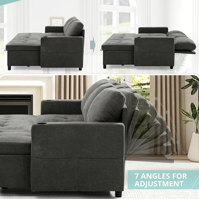 84" L-Shape Reversible Sectional Sofa Bed w/USB Port, Light Grey | Upholstery Sleeper Couch w/Adjustable Backrests & Storage Chaise, Chenille Modern Sofa w/Pull-Out Bed for Living Room