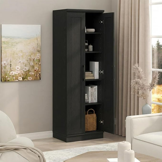 Furinno Robin Storage Cabinet, 5-Tier Pantry Cabinet with Adjustable Shelves, 23W with 2 Shaker-Doors, Kitchen Cabinet, Organization and Storage, for Pantry, Living Room, Home Office, Black Woodgrain
