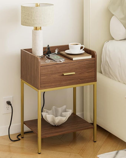 Masupu Nightstand with Charging Station, 3-Tier Modern Bedside Night Stand with Storage Drawer and Shelf, Small End Side Table for Bedroom, Living Room, Walnut