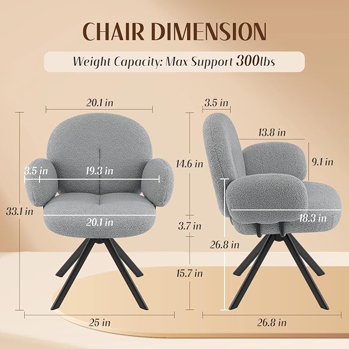 Cute Desk Chair No Wheels Set of 2, 360° Swivel Accent Chairs with Arms, Modern Upholstered Dining Room Chairs with Tufted Cushion, Accent Chairs for Home Office/Bedroom/Kitchen, Teddy Sherpa, Grey