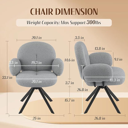 Cute Desk Chair No Wheels Set of 2, 360° Swivel Accent Chairs with Arms, Modern Upholstered Dining Room Chairs with Tufted Cushion, Accent Chairs for Home Office/Bedroom/Kitchen, Teddy Sherpa, Grey