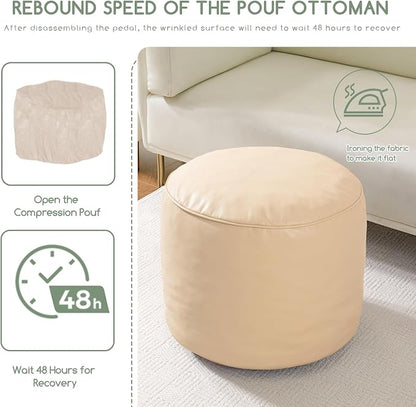 HIGOGOGO Round Stuffed Pouf Ottoman, Pu Leather Poufs with Foam Chunk Filling, Furry and Fluffy Pouf Foot Stool Storage Ottoman, 20 X 15 Floor Poufs Foot Rest for Living Room, Beige
