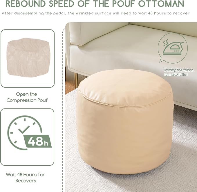 HIGOGOGO Round Stuffed Pouf Ottoman, Pu Leather Poufs with Foam Chunk Filling, Furry and Fluffy Pouf Foot Stool Storage Ottoman, 26 X 18 Floor Poufs Foot Rest for Living Room, Beige