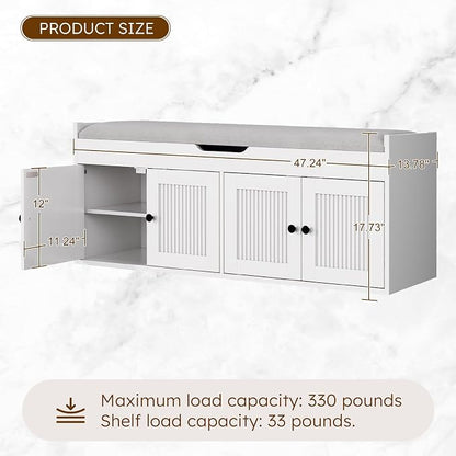 47.2" Storage Bench - Entryway Shoe Bench with 4 Doors and Top Storage Area, Multifunctional Entryway Bench with Lift Top Cushion, Shoe Storage Bench for Bedroom, Living Room, White