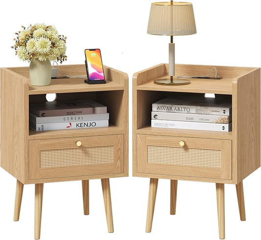 MECHYIN Night Stand Set 2, Nightstands Set of 2 with Charging Station, Rattan Side Tables with Solid Wood Legs, Boho Bedside End Table for Apartment Bedroom Dorm Small Space