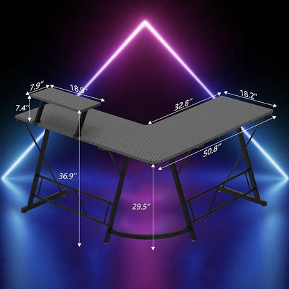 Mr IRONSTONE L Shaped Gaming Desk, Computer Corner Desk Carbon Fiber Surface for Home Office, Writing Study Desk with Laptop Stand, Easy to Assemble, Carbon Fiber, 51 Inch
