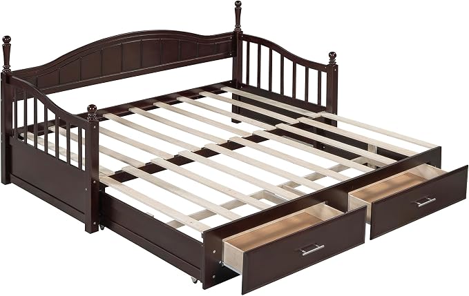 Merax Modern Wood Daybed with Pop Up Trundle Twin to King Extendable Sofa Bed Frame for Kids Teens Adults/No Box Spring Needed Espresso