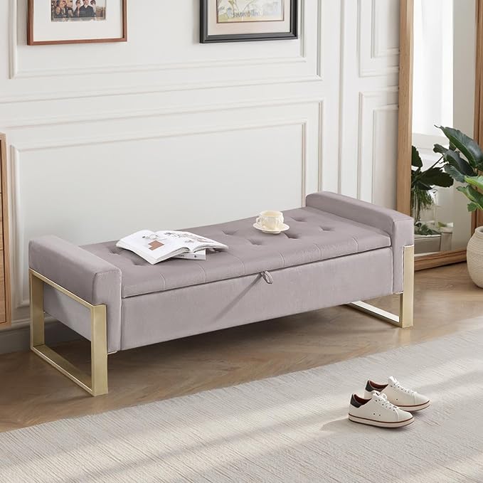 End of Bed Storage Bench, 67'' Benches for Bedroom Foot of Bed King Size, Upholstered Velvet Storage Ottoman Bench with Gold Legs for Window Living Room Entryway, Khaki Grey