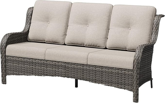 3 Seat Outdoor Couch, Wicker Patio Sofa with Thickened Olefin Cushions, High Back and Deep Seating, Hand-Woven PE Rattan for Porch, Deck, Balcony