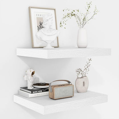 Fun Memories Floating Shelves - 2 Pack 12 Inch Deep Rustic Wooden Wall Shelves - Extra Deeper & Thicker Wall Mounted Storage Shelf for Living Room, Kitchen, Farmhouse - 16" W x 12" D x 1.5" H - White