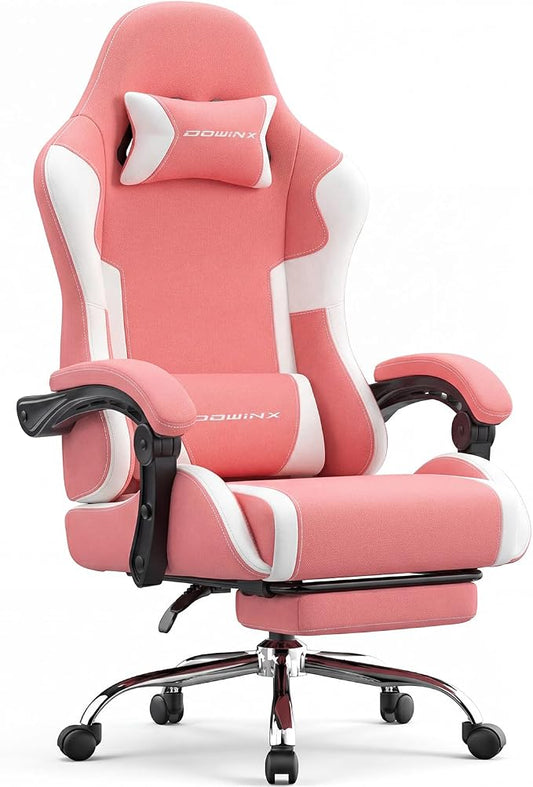 Dowinx Ergonomic Gaming Chair with Footrest & Massage Lumbar, 2D-Linkage Armrests for Computer Chair 330lbs with Headrest Pillow for Office, Home, Streaming and Long Gaming Sessions, Fabric Pink White