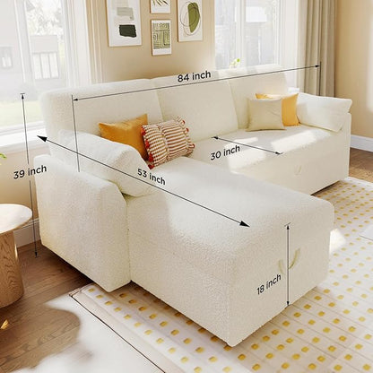 PaPaJet Sofa Bed, Sleeper Sofa with Storage Chaise, L Shaped Sofa with Pull Out Bed, Oversized Sofas for Living Room-White Boucle