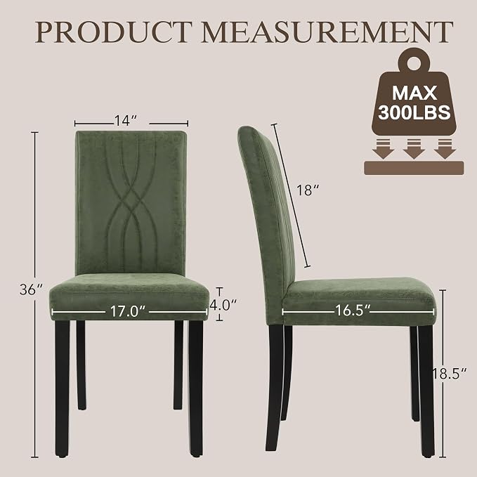 LSSBOUGHT Modern Dining Chair Set of 2,Urban Style Fabric Kicthen Chairs with Solid Wood Legs for Dining Room and Restaurant (Green-Quilted backrest)
