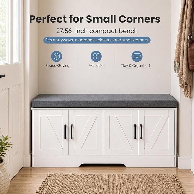 NEWBULIG Shoe Storage Bench for Entryway with Cushion, 47.2IN, White | Shoe Organizer Cabinet with Padded Cushion and Doors, Adjustable Shelves, Shoes Bench for Hallway, Mudroom, Bedroom