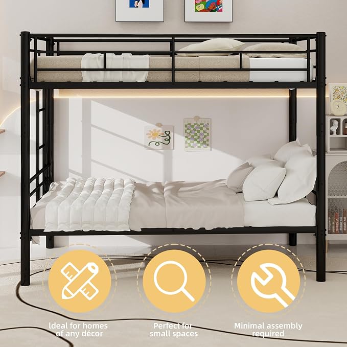 Metal Twin Over Twin Bunk Bed, Heavy-Duty Metal Bunk Bed, Noise Reduced Design/Safety Guardrail/2 Side Ladders/No Box Spring Needed (Black)