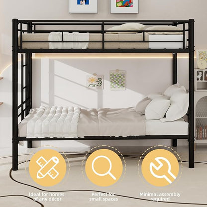 Metal Twin Over Twin Bunk Bed, Heavy-Duty Metal Bunk Bed, Noise Reduced Design/Safety Guardrail/2 Side Ladders/No Box Spring Needed (Black)