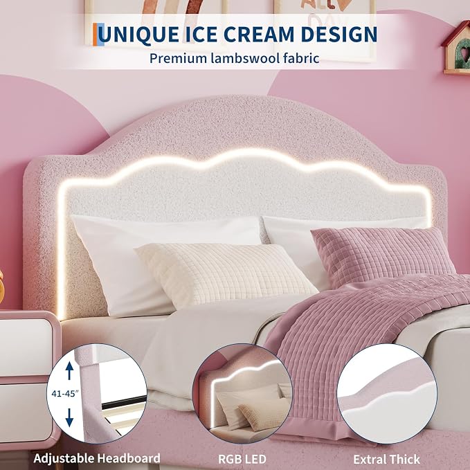 IDEALHOUSE Full Bed Frame with LED Headboard, Boucle Fabric Upholstered Platform Bed with LED Light for Kids, Girls, Wooden Slats Support, No Box Spring Needed, Pink