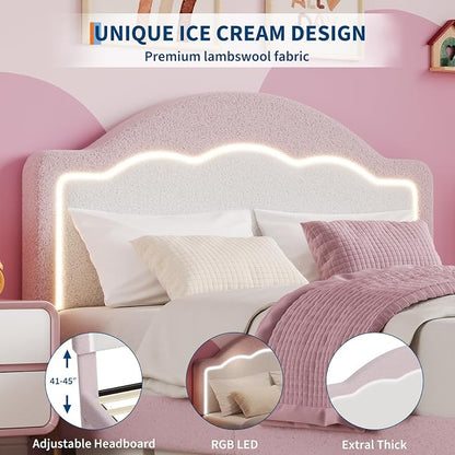 IDEALHOUSE Full Bed Frame with LED Headboard, Boucle Fabric Upholstered Platform Bed with LED Light for Kids, Girls, Wooden Slats Support, No Box Spring Needed, Pink
