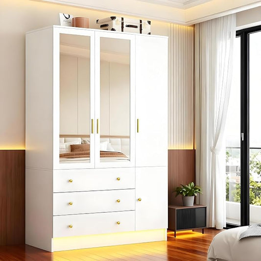 3 Doors LED Wardrobe Closet, 75" Tall Modern Armoire with Mirror & 3 Drawers, Wooden Armoire Wardrobe Closet for Bedroom, Hanging Rod, Freestanding Clothing Storage Cabinet, White