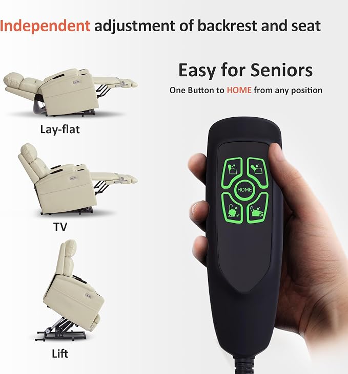 MCombo Lift Chair for Tall Man 6‘6’’, Dual Motor Power Lift Recliner Chair for Elderly, Lay Flat for Sleeping, Heat and Massage, USB & Type C, Faux Leather 7755 (Cream White)