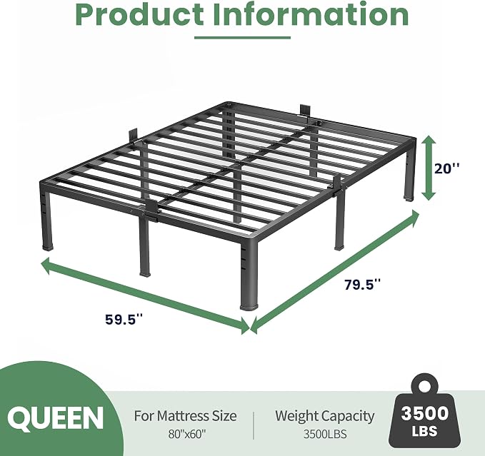 NKZ 20 Inch Metal Platform Bed Frame, Queen Size Bed Frame with Round Corner Legs, 3,500 lbs Heavy Duty Steel Slats Support, No Box Spring Needed, Easy Assembly, Noise Free