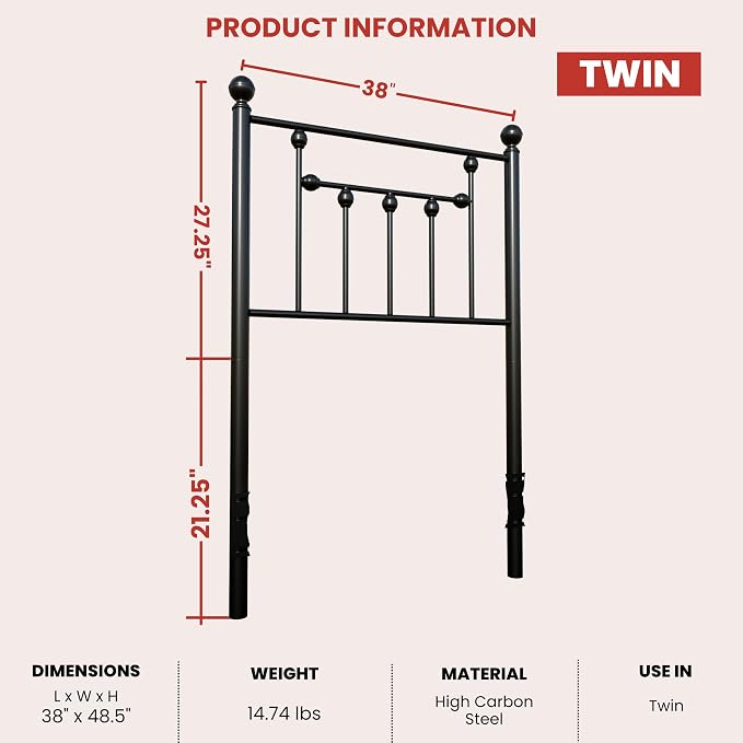 Victorian Twin Size Metal Bed Frame Height Adjustable Headboard Only, Wrought Iron Black Farmhouse Bed Frame Headboard, Easy Assembly, Short Clearance, Tall or Low Setting