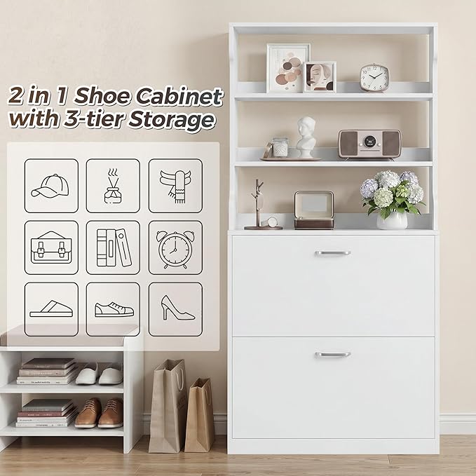 IRONCK Tall Shoe Cabinet with 2 Flip Drawers, Narrow Hidden Shoe Storage Cabinet with Shelves, Slim Freestanding Shoe Organizer for Entryway, Hallway, White