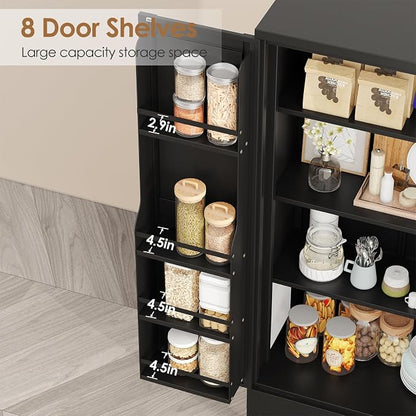 PAOFIN 47" Kitchen Pantry Cabinet, Metal Storage Cabinet with 3 Adjustable Layer Shelves, 8 Door Shelves, Buffet Sideboard for Living Room, Kitchen, Black