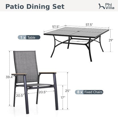 PHI VILLA 9 PCS Patio Dining Set, All-Weather Outdoor Furniture for 8, Lightweight Stackable Chairs with Breathable Fabric and Large Square Metal Table for Garden Yard Deck, Grey