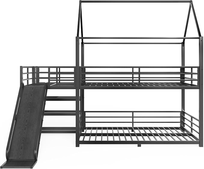Harper & Bright Designs Floor Bunk Bed Full Over Full with Storage Stairs and Slide, Metal House Bunk Bed with Full Length Guardrails, No Box Spring Required, Noise Free, Space Saving, Black