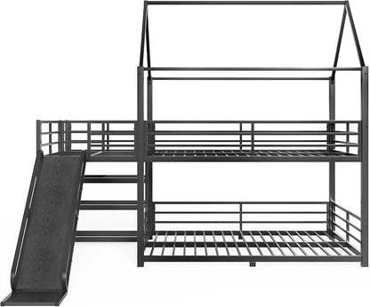 Harper & Bright Designs Floor Bunk Bed Full Over Full with Storage Stairs and Slide, Metal House Bunk Bed with Full Length Guardrails, No Box Spring Required, Noise Free, Space Saving, Black