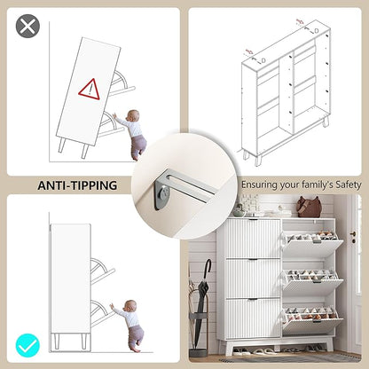HUANLEGO Shoe Cabinet Storage for Entryway with 6 Flip Drawers, Fluted Narrow Shoe Organizer with Wooden Legs, Freestanding Slim Shoe Storage Hidden Shoe Rack Organizer for Front Door Entrance, White