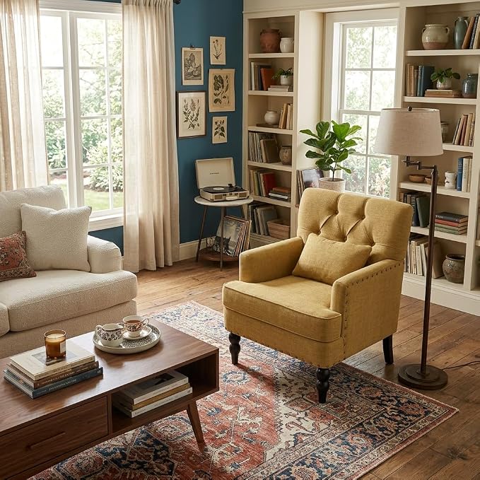 HUIMO Accent Chair for Living Room, Tufted Upholstered Club Chair with Lumbar Pillow, Vintage Reading Armchair with Solid Wood Legs for Bedroom Apartment, Mustard Yellow