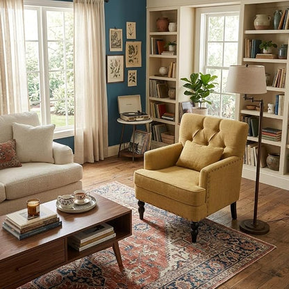 HUIMO Accent Chair for Living Room, Tufted Upholstered Club Chair with Lumbar Pillow, Vintage Reading Armchair with Solid Wood Legs for Bedroom Apartment, Mustard Yellow