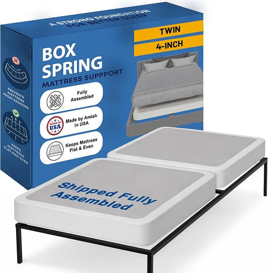 Greaton, Box Spring Bed Base Twin Size, 4-Inch Wood Mattress Foundation – Amish Made in USA – Quiet Noise Free, 2-Pieces Under Mattress-Support BoxSpring, Fully Assembled, White