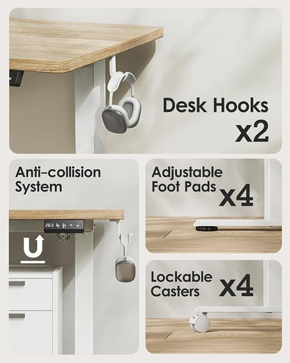 TIQLAB Electric Height Adjustable Standing Desk 47.2×23.6 inch, Sit Stand Desk for Work, Study, Memory Controller, White Frame & Maple Top Computer Workstation for Home Office