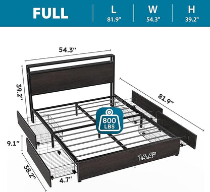 Kiivakii Full Size Bed Frame with 4 Storage Drawers, LED Platform Bed with Headboard, Built in Charging Station, Noise-Free, Metal Support Base, No Box Spring Needed, Black