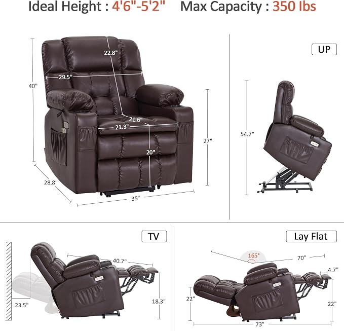 MCombo Small Dual Motor Power Lift Recliner Chair for Petite Elderly, Zero Gravity Lift Chair with Heat and Massage, Infinite Position, USB Ports,Faux Leather 7893 (Dark Brown, Small)